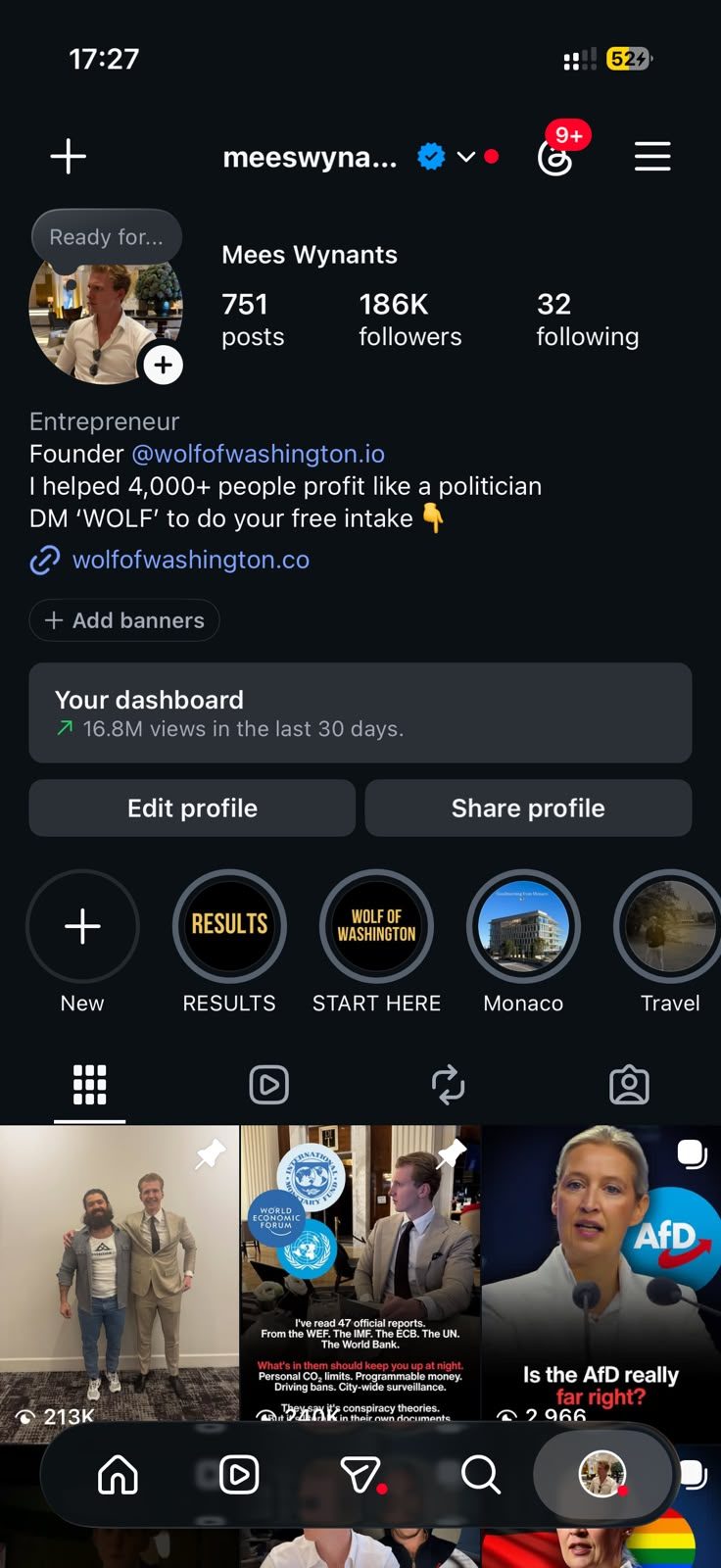 Instagram profile of Mees's English account showing 186K followers and 16.8M views in the last 30 days